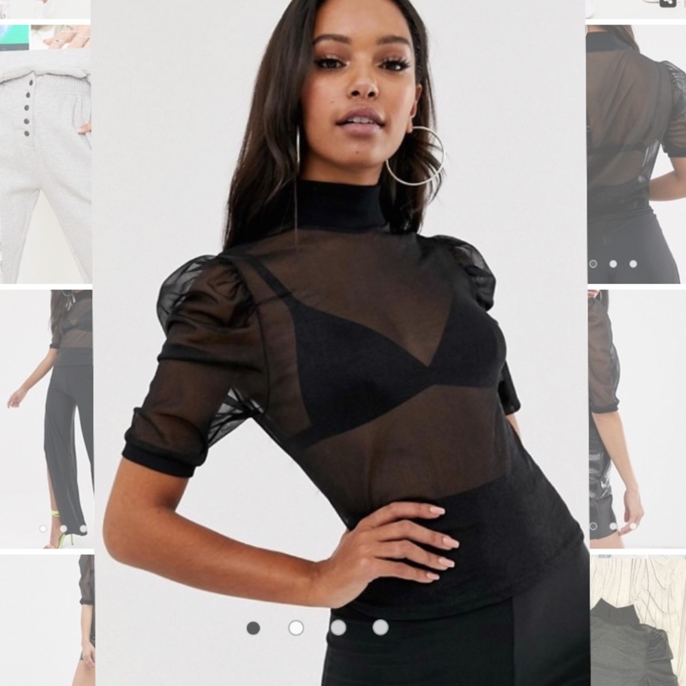 ASOS High Neck Top in Black Mesh With Puff Sleeve